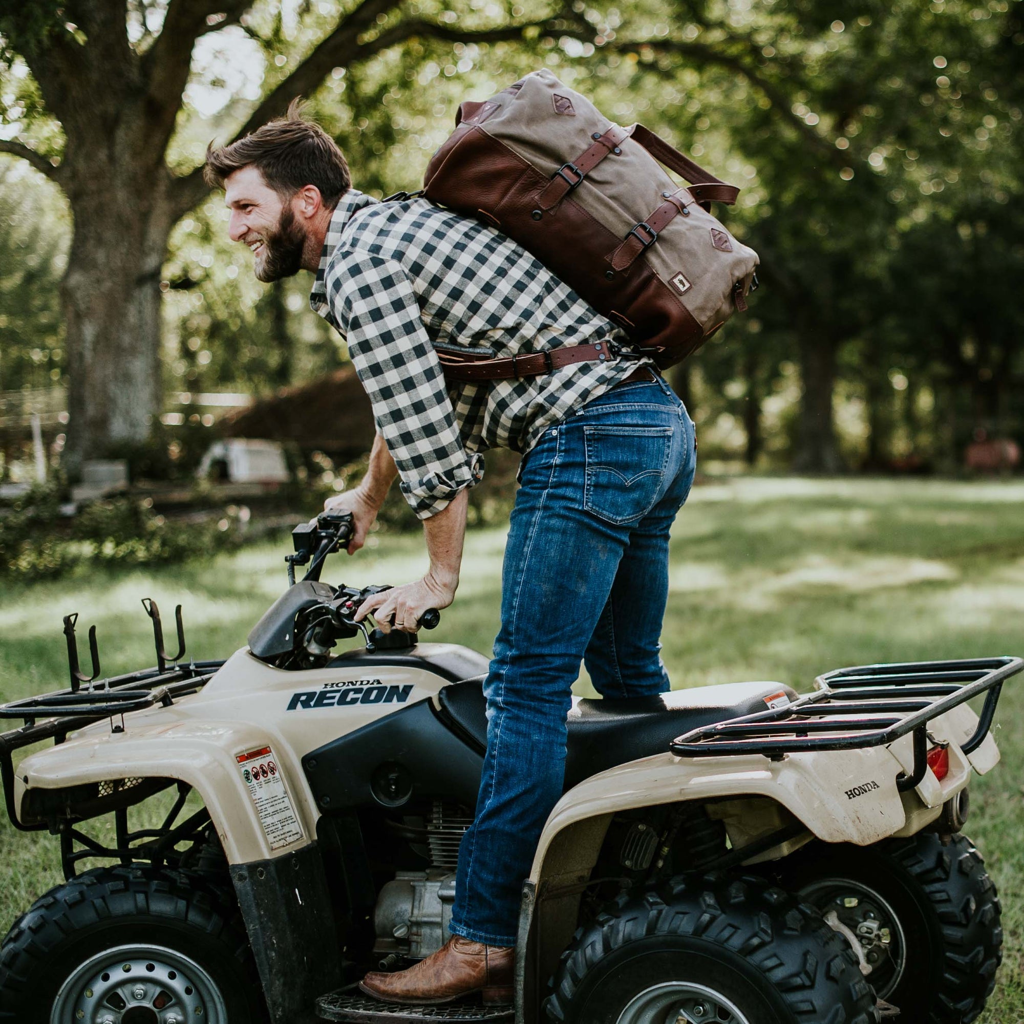 Outdoor Canvas Travel Duffle Bag/Backpack | Field Khaki w/ Chestnut Brown Leather hover